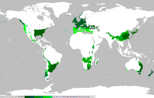 Zone tempérée chaude d'après Köppen ; vert clair : été sec, vert foncé : pas de saison sèche. Les régions tropicales faisant partie de cette zone sont des régions montagneuses. - Crédit: Wikipédia